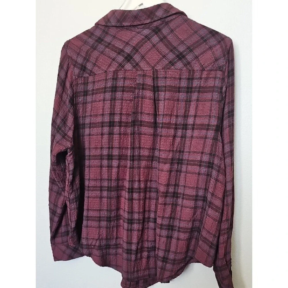 Torrid Plaid Button Down Shirt Burgundy Black Crinkle Gauze Boho Size 00 XL